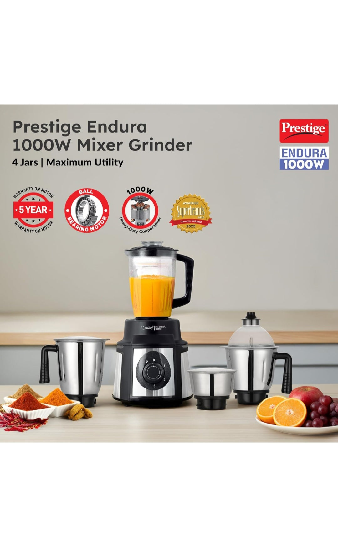 Prestige Endura 1000W 2-in-1 Juicer Mixer Grinder with 4 Jars | Heavy Duty Motor | Stainless Steel Body