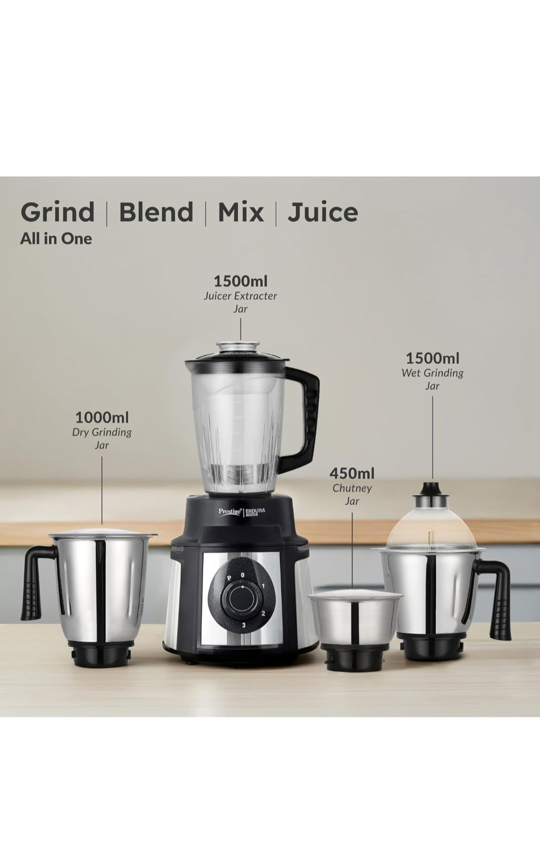 Prestige Endura 1000W 2-in-1 Juicer Mixer Grinder with 4 Jars | Heavy Duty Motor | Stainless Steel Body