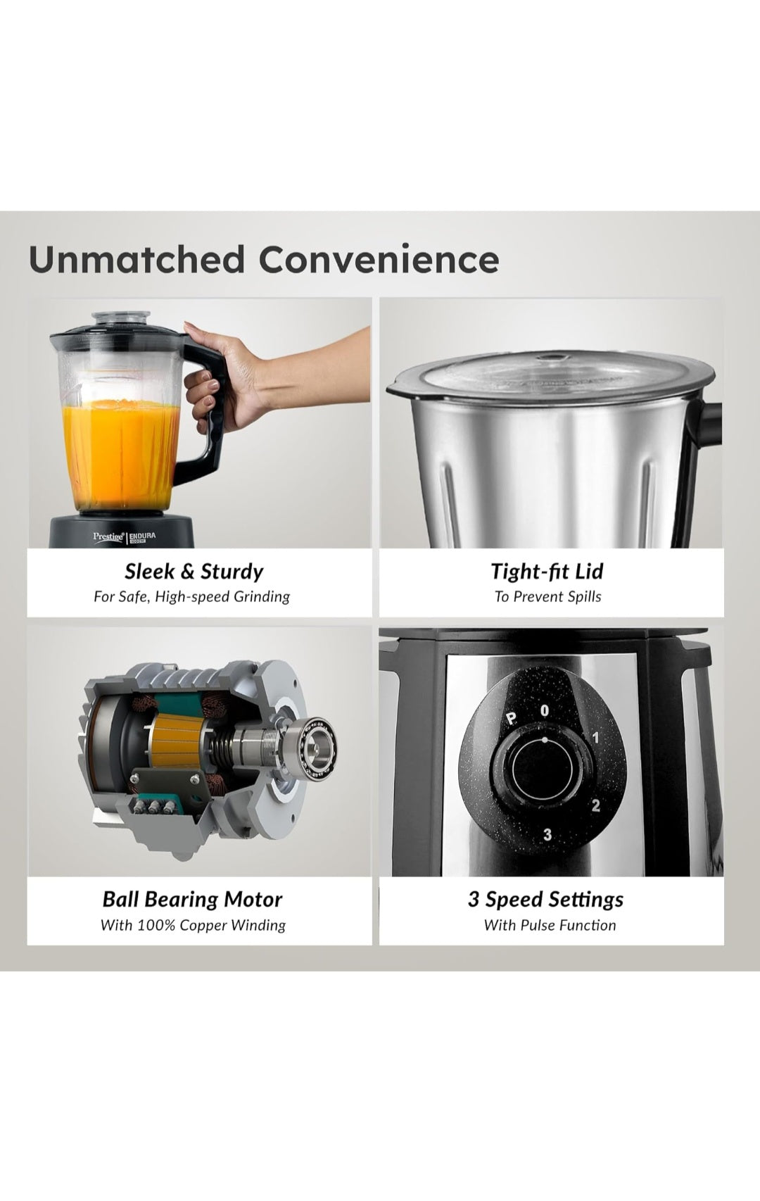 Prestige Endura 1000W 2-in-1 Juicer Mixer Grinder with 4 Jars | Heavy Duty Motor | Stainless Steel Body