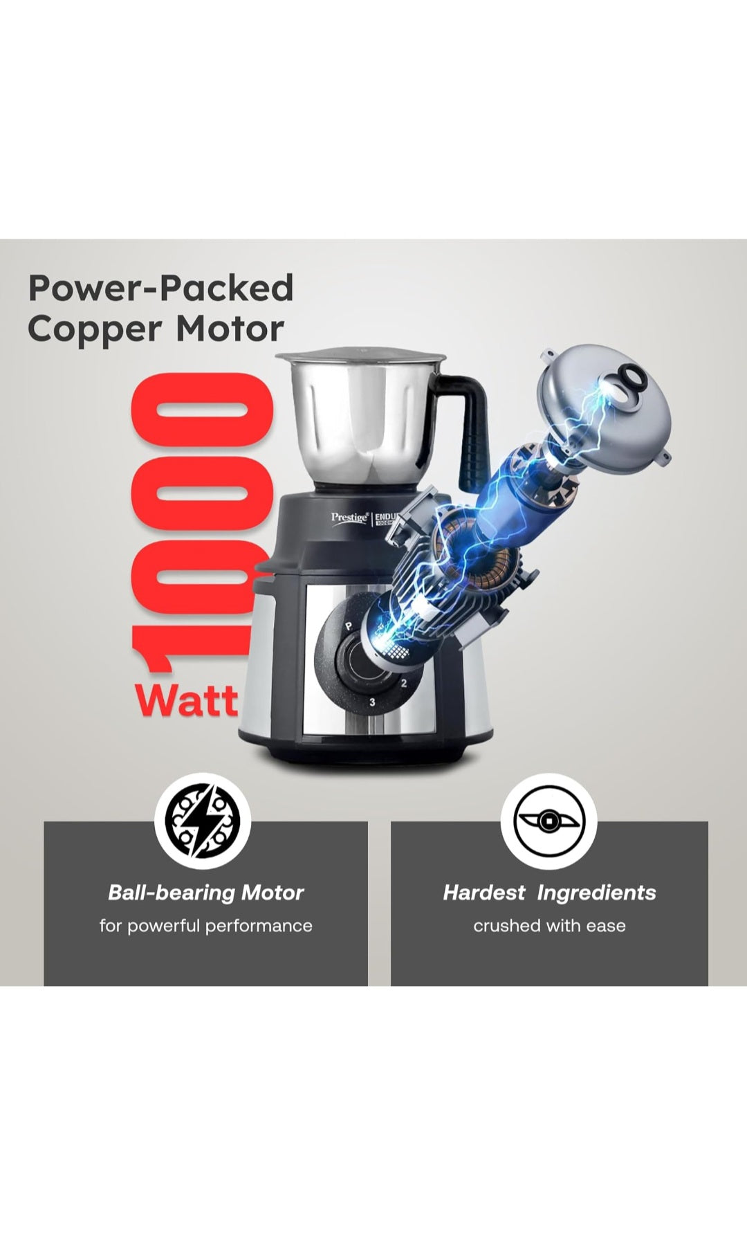 Prestige Endura 1000W 2-in-1 Juicer Mixer Grinder with 4 Jars | Heavy Duty Motor | Stainless Steel Body