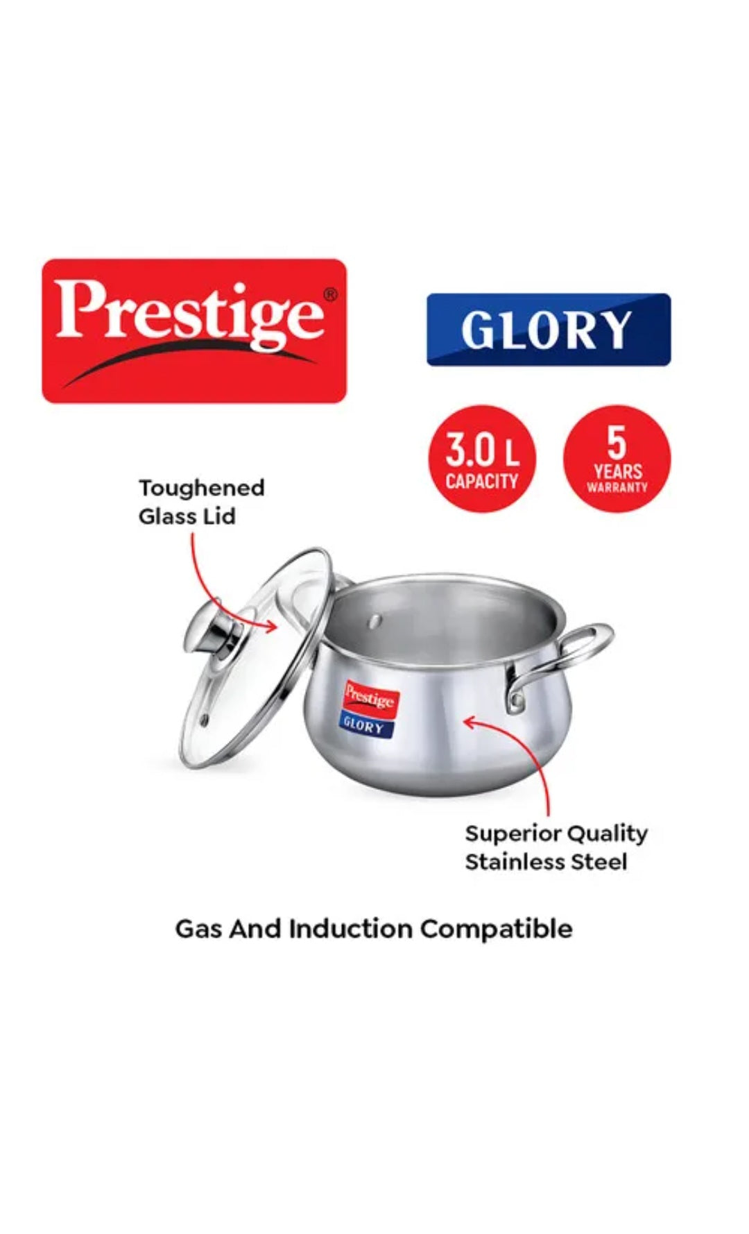 Prestige Glory Handy 3L Triply Stainless Steel Cook & Serve | Gas, Induction & OTG Safe