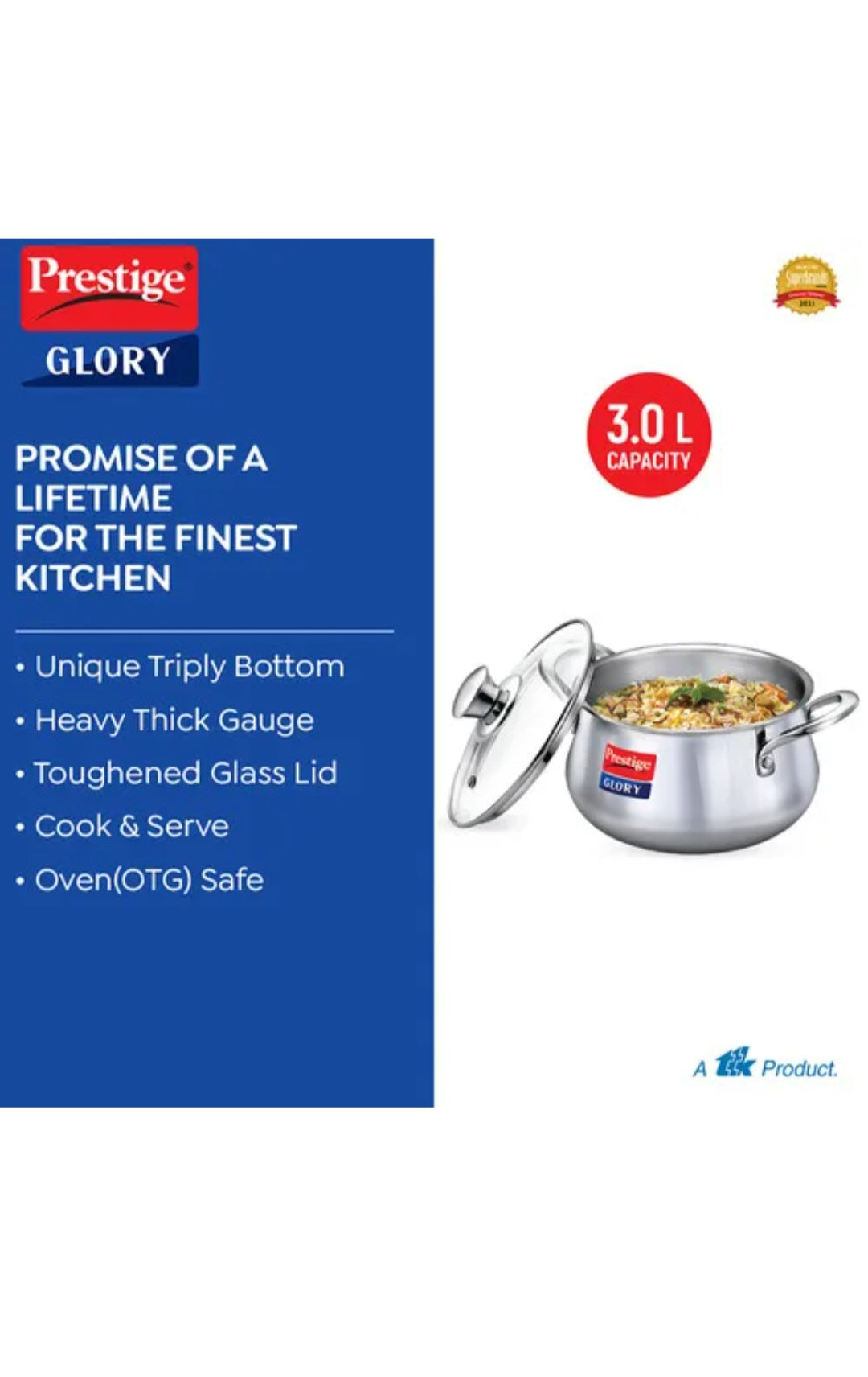 Prestige Glory Handy 3L Triply Stainless Steel Cook & Serve | Gas, Induction & OTG Safe