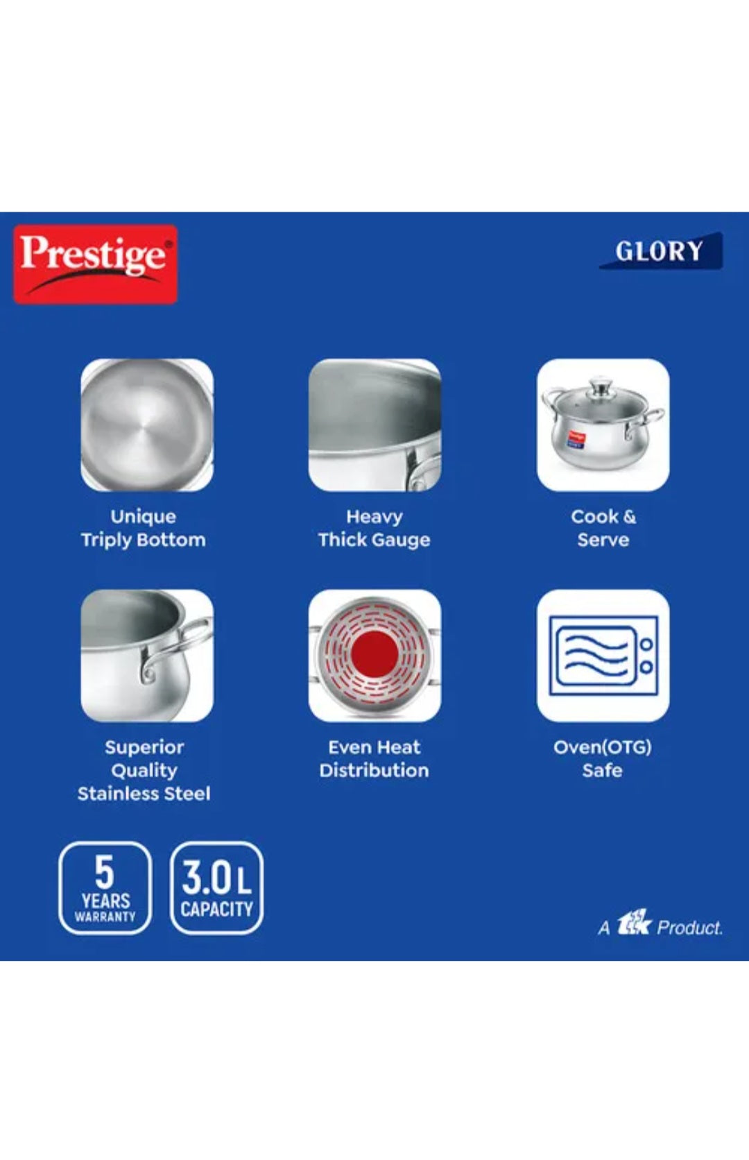 Prestige Glory Handy 3L Triply Stainless Steel Cook & Serve | Gas, Induction & OTG Safe
