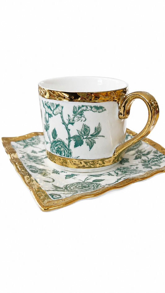 Elegant Royal Tea Set | Fine Bone China | Square Plate | Golden Coating