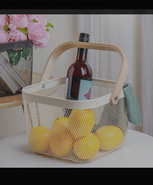 Elegant Wooden Handle Basket | Multipurpose Storage & Serving Basket | Durable Coated Body