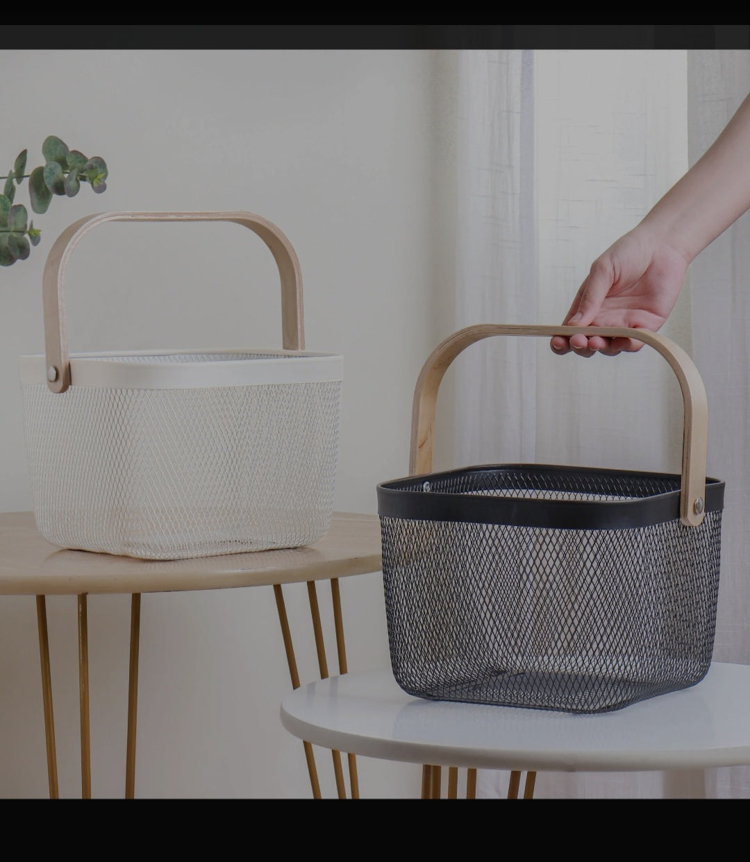 Elegant Wooden Handle Basket | Multipurpose Storage & Serving Basket | Durable Coated Body