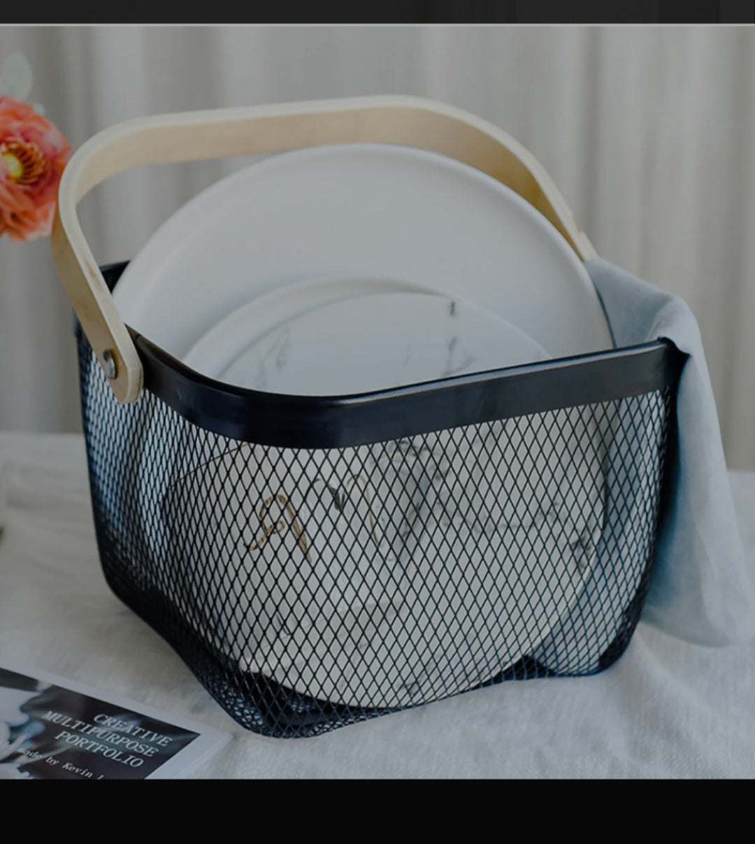 Elegant Wooden Handle Basket | Multipurpose Storage & Serving Basket | Durable Coated Body
