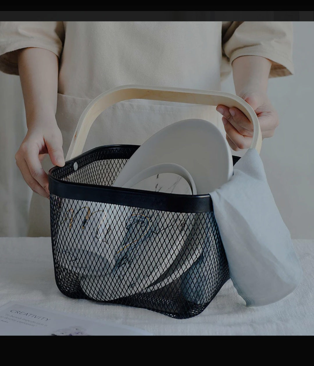Elegant Wooden Handle Basket | Multipurpose Storage & Serving Basket | Durable Coated Body