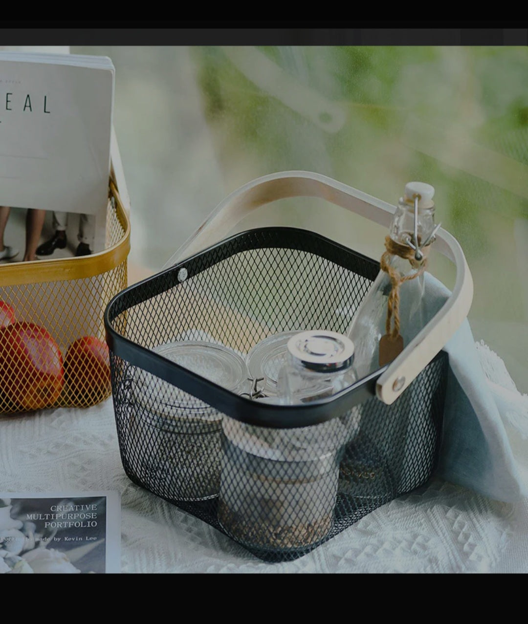 Elegant Wooden Handle Basket | Multipurpose Storage & Serving Basket | Durable Coated Body