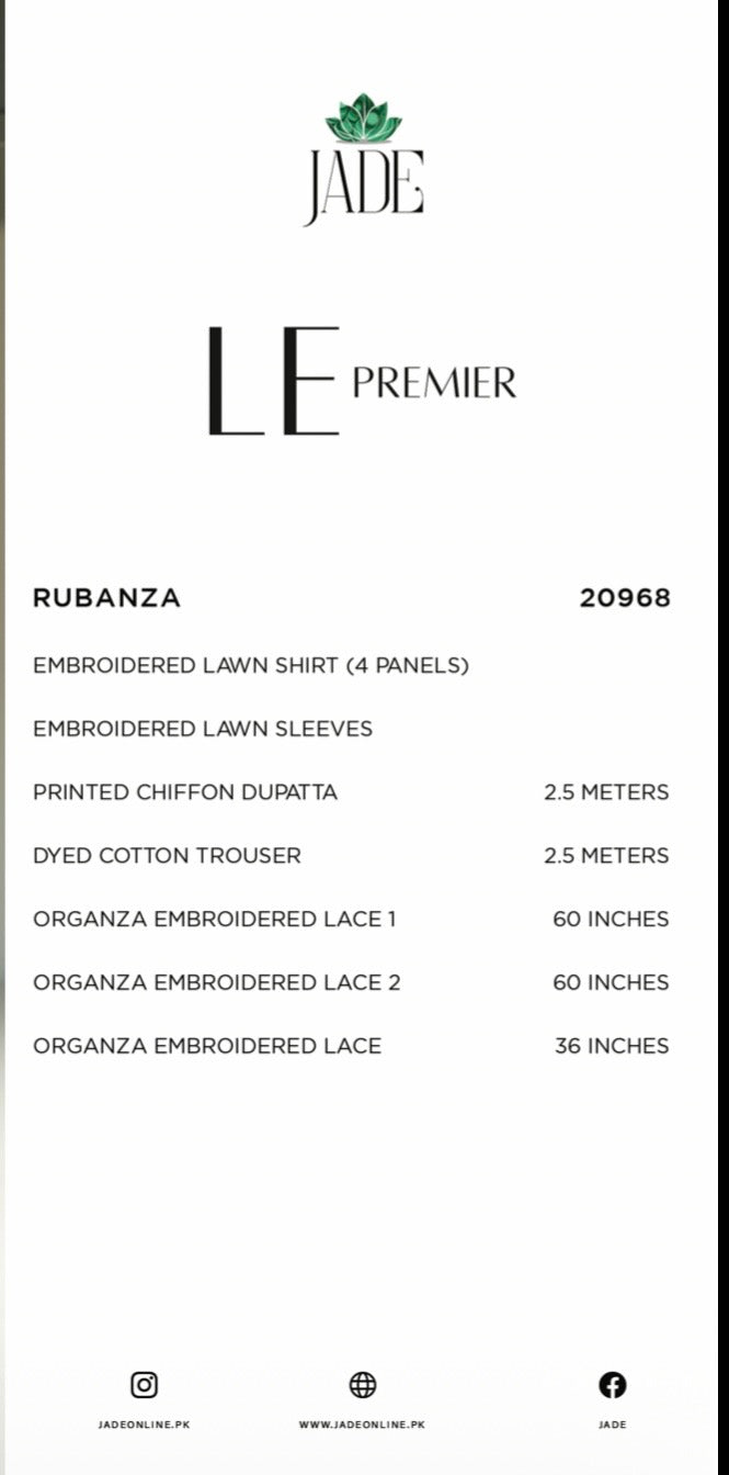 LE Premier by Jade – Rubanza 3PC Luxury Lawn Suit | Original Designer Collection