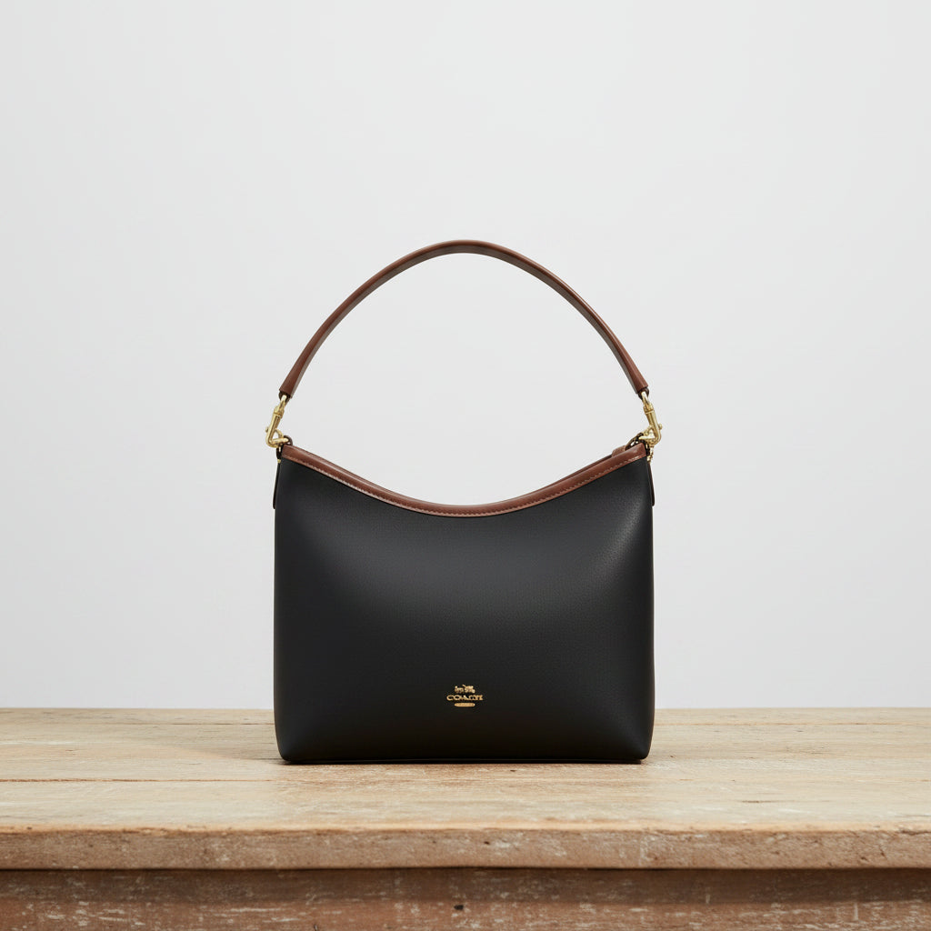 Black handbag with brown handle on a wooden table in an indoor setting