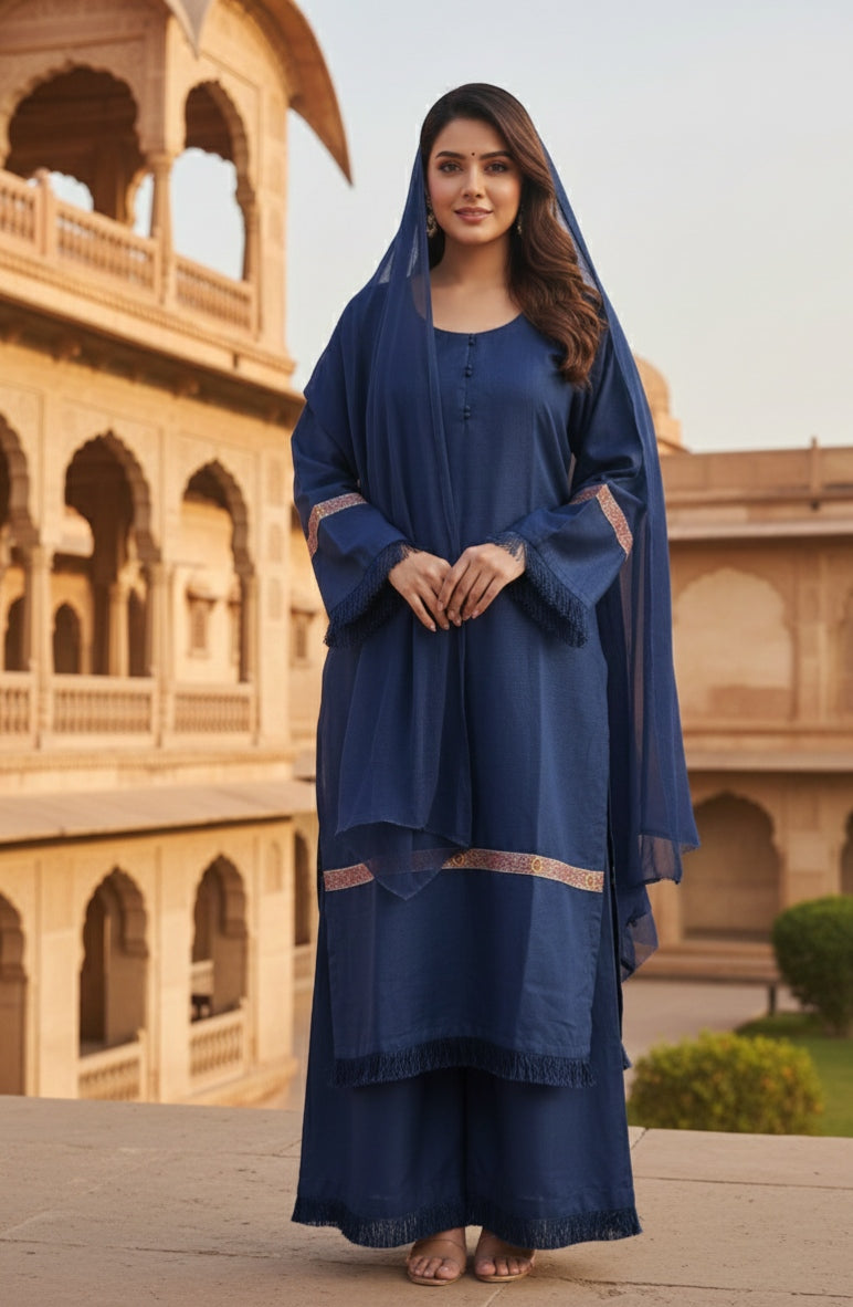 Premium Ruby Cotton 3-Piece Cord Set | Sozni Lace Work | Chiffon Dupatta | Elegant Ethnic Wear