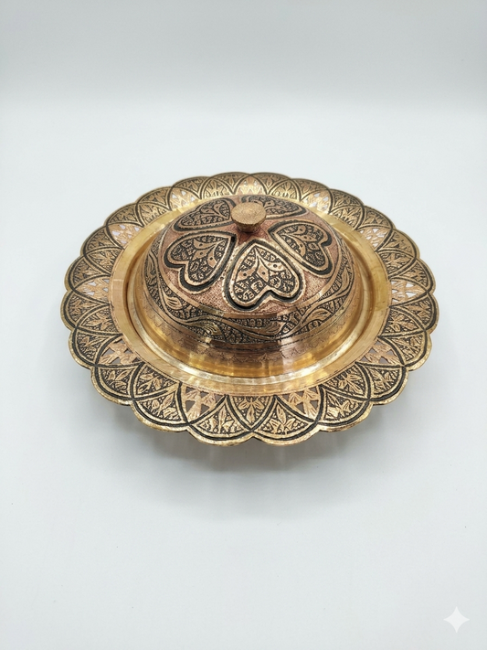 Nakchdaar copper dry fruit container having 4 different section for 4 different kinds of dry fruites with beautiful design.