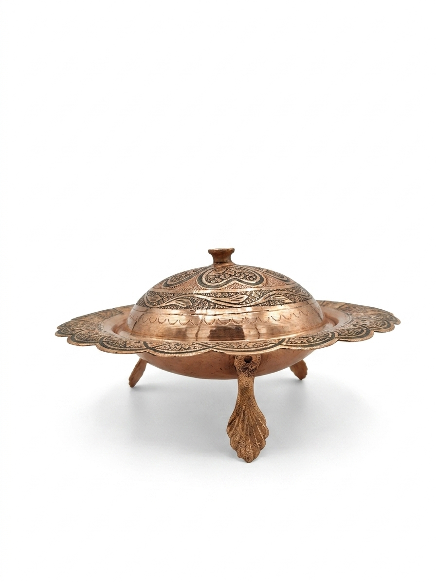 Nakchdaar copper dry fruit container having 4 different section for 4 different kinds of dry fruites with beautiful design.