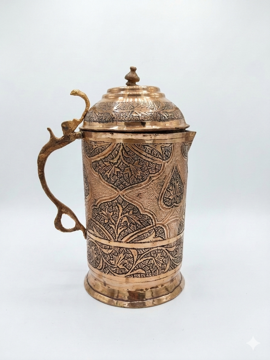 Nakchdaar copper jug with a beautiful design and installed speacial black ink called sawaad.