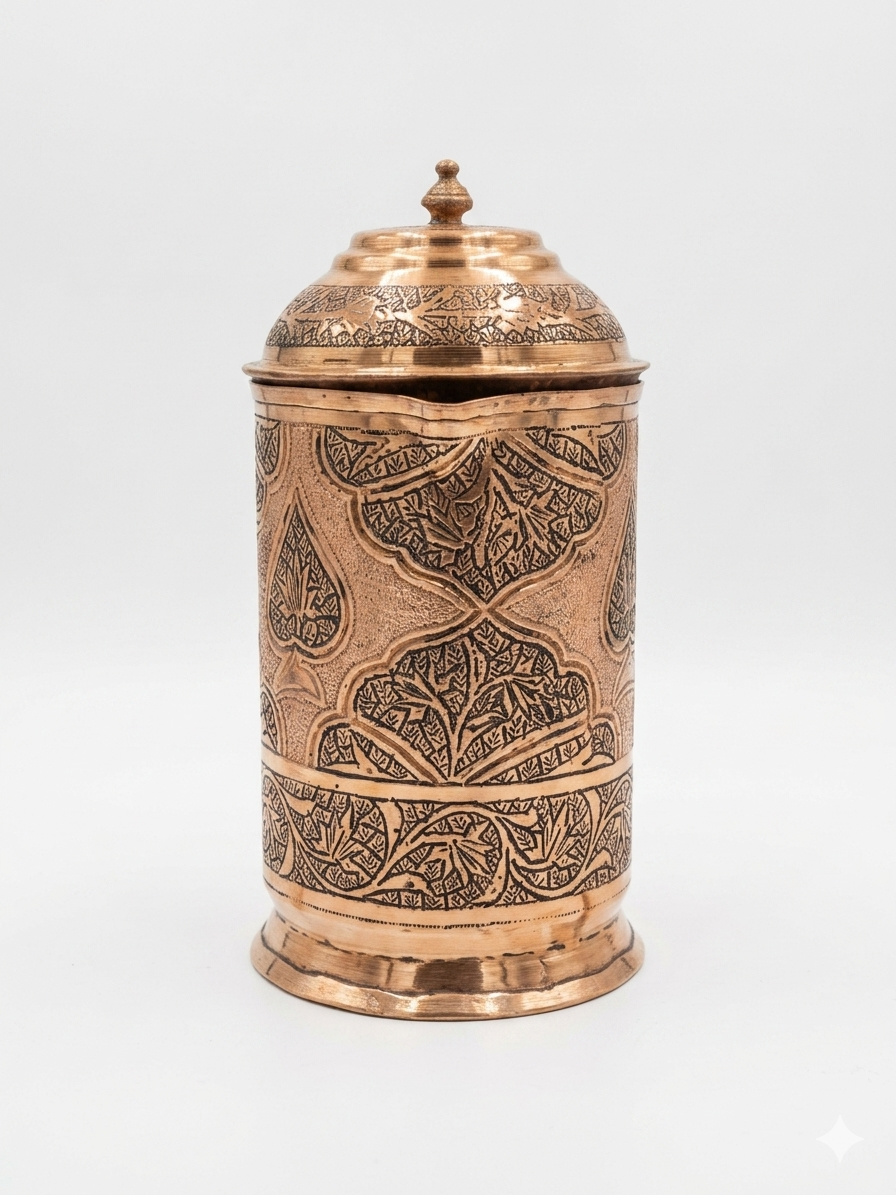 Nakchdaar copper jug with a beautiful design and installed speacial black ink called sawaad.