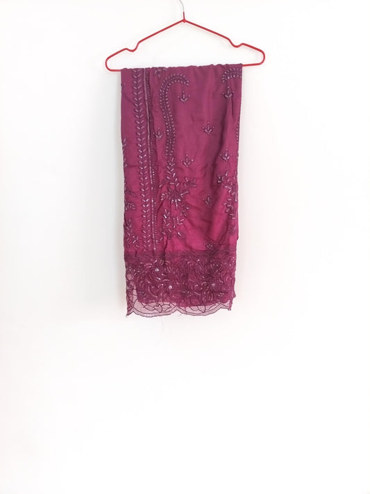 Royal Plum Embroidered 3 pc Suit Set with Floral Printed Dupatta  Description..