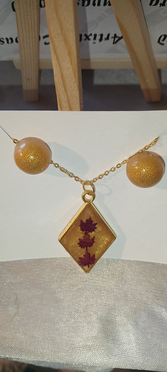 Shimmering Gold Resin Diamond Pendant with Matching Studs