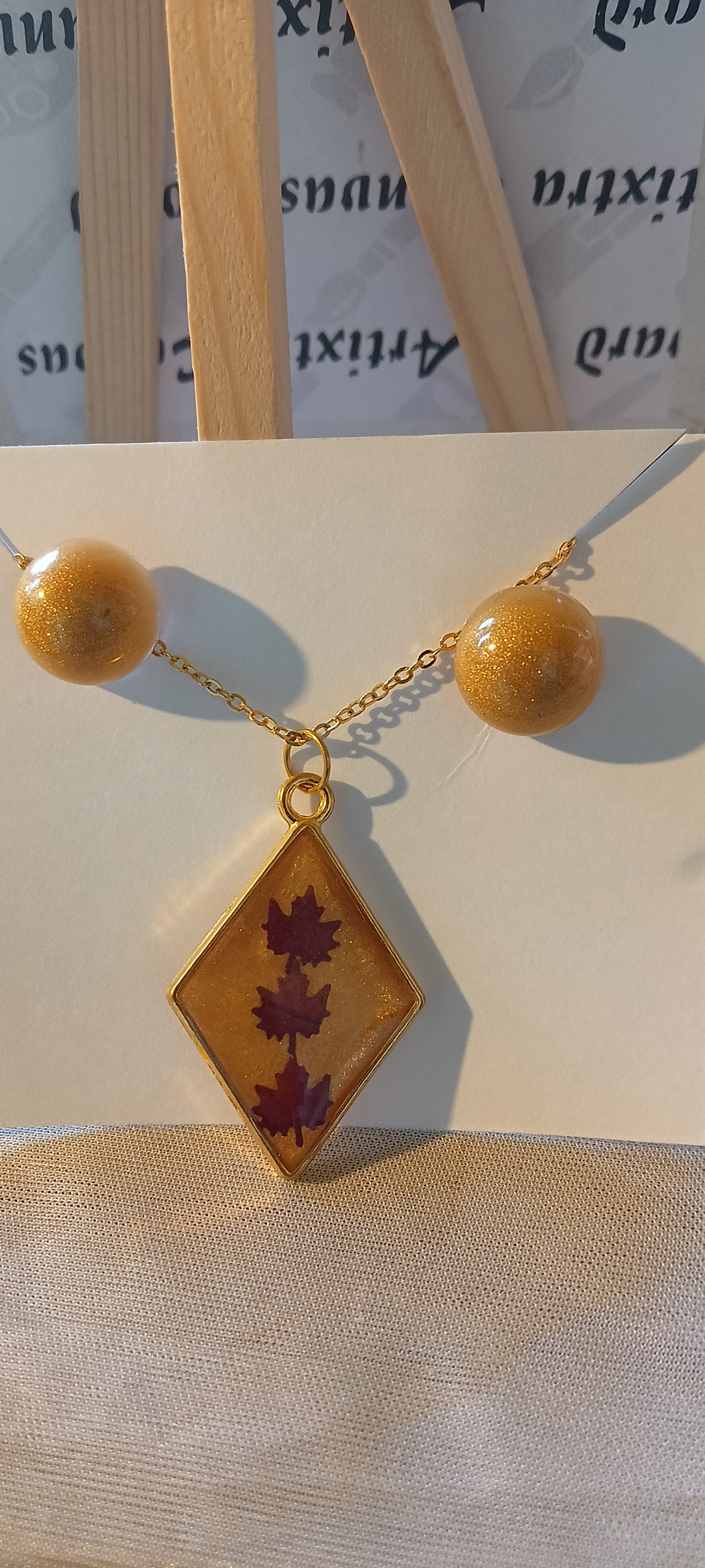 Shimmering Gold Resin Diamond Pendant with Matching Studs