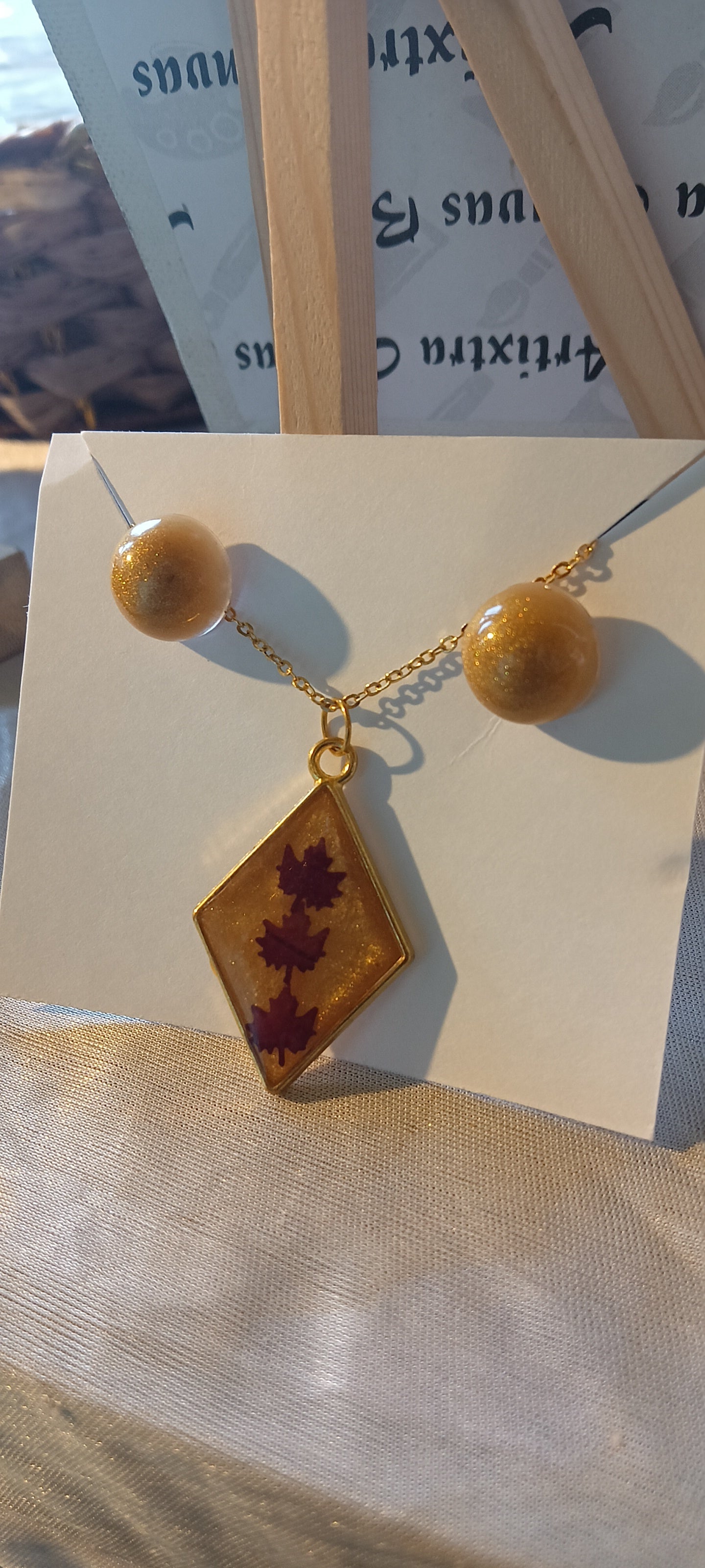 Shimmering Gold Resin Diamond Pendant with Matching Studs