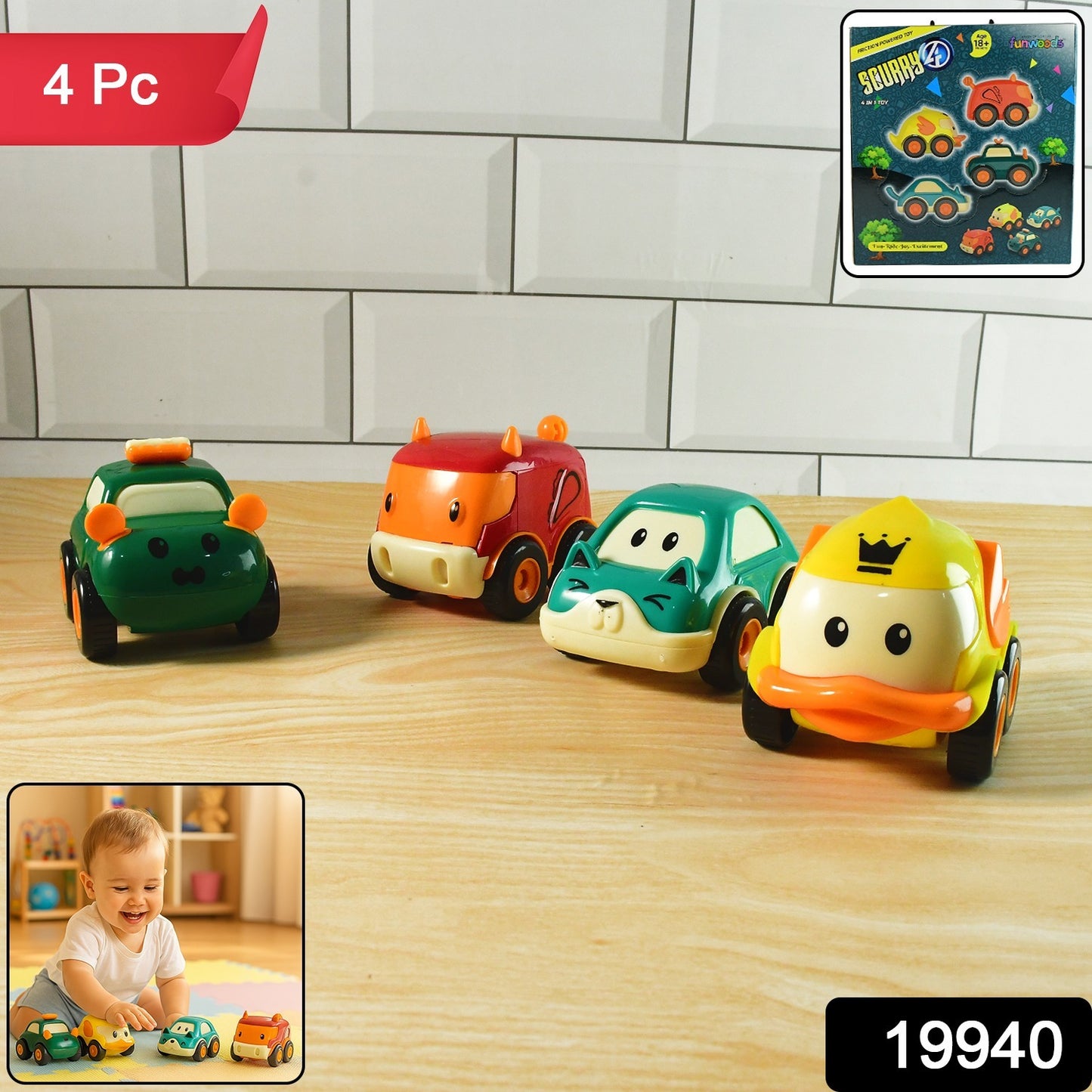 Funwoods Animal Cartoon Pull-back Toy Car - (4 Pc  Set)